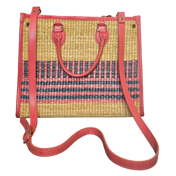 [Chiara-Ferretti] Italian Woven/ Coral Pink Soft Leather Satchel/Crossbody Bag - Picture 2 of 15